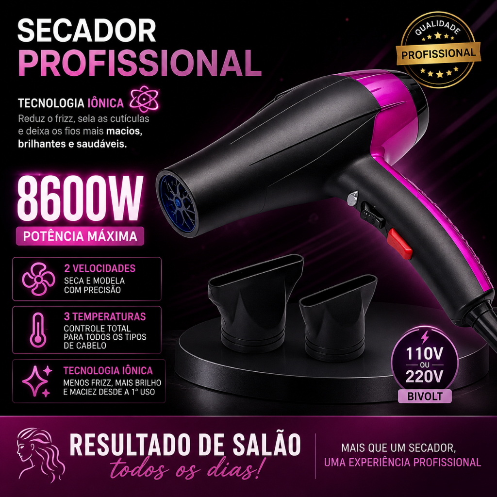 Secador de Cabelo Profissional 6600w Iônico Potente Salon 2 Velocidades  Frio Quente Salão Barbearia
