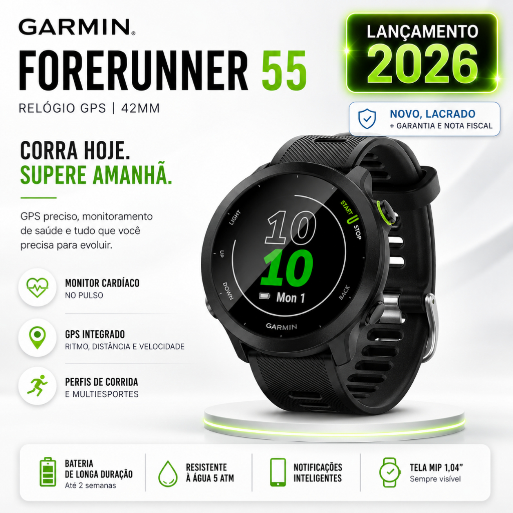 Relógio Garmin Forerunner 55 Monitor Cardíaco E Gps 42mm (LEIA O ANÚNCIO)