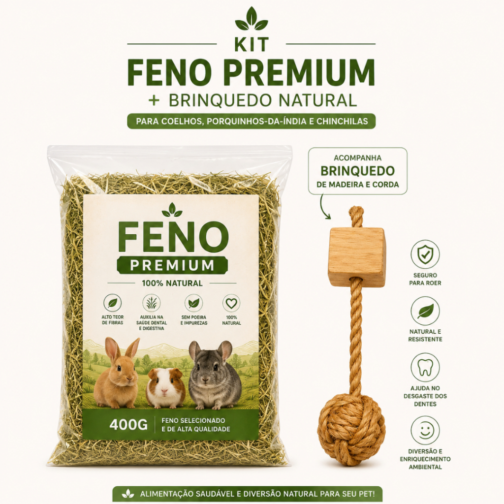 Kit Feno Premium 400g + Brinquedo Natural de Madeira e Corda P/ Coelho Chinchila Porquinho-da-Índia