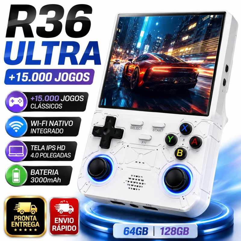 R36 ULTRA Console Portátil Jogos Vídeo Game 64GB/128GB Linux I Tela IPS 4.0 HD I LED I WI-FI Nativo