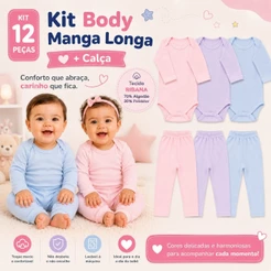 Kit 12 Peças Body Bebê Manga Longa Ribana Menino Menina Enxoval Completo P ao G