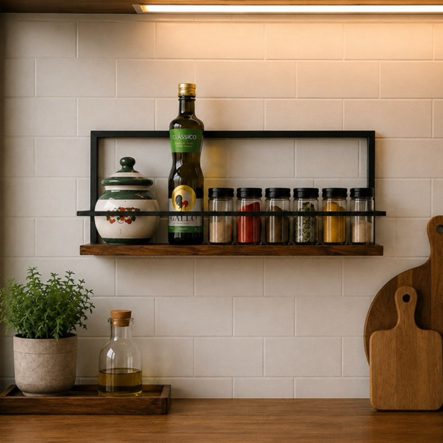 Prateleira Porta Temperos e Condimentos Cozinha Suporte Utensílios Suspenso de Metal e Madeira Pinus