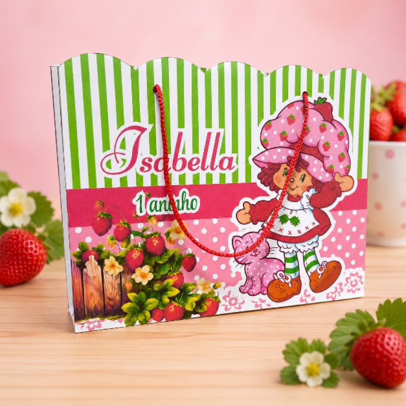 Sacolinha Personalizada Tema Moranguinho Rosa para Lembrancinha de Aniversário Infantil