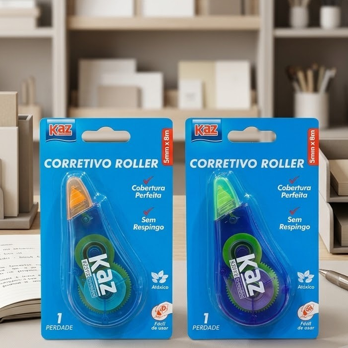 Fita Corretiva Escolar Roller Fina Kaz 5mmx8m Atóxico Sem Respingo Cobertura Perfeita Caderno Caneta