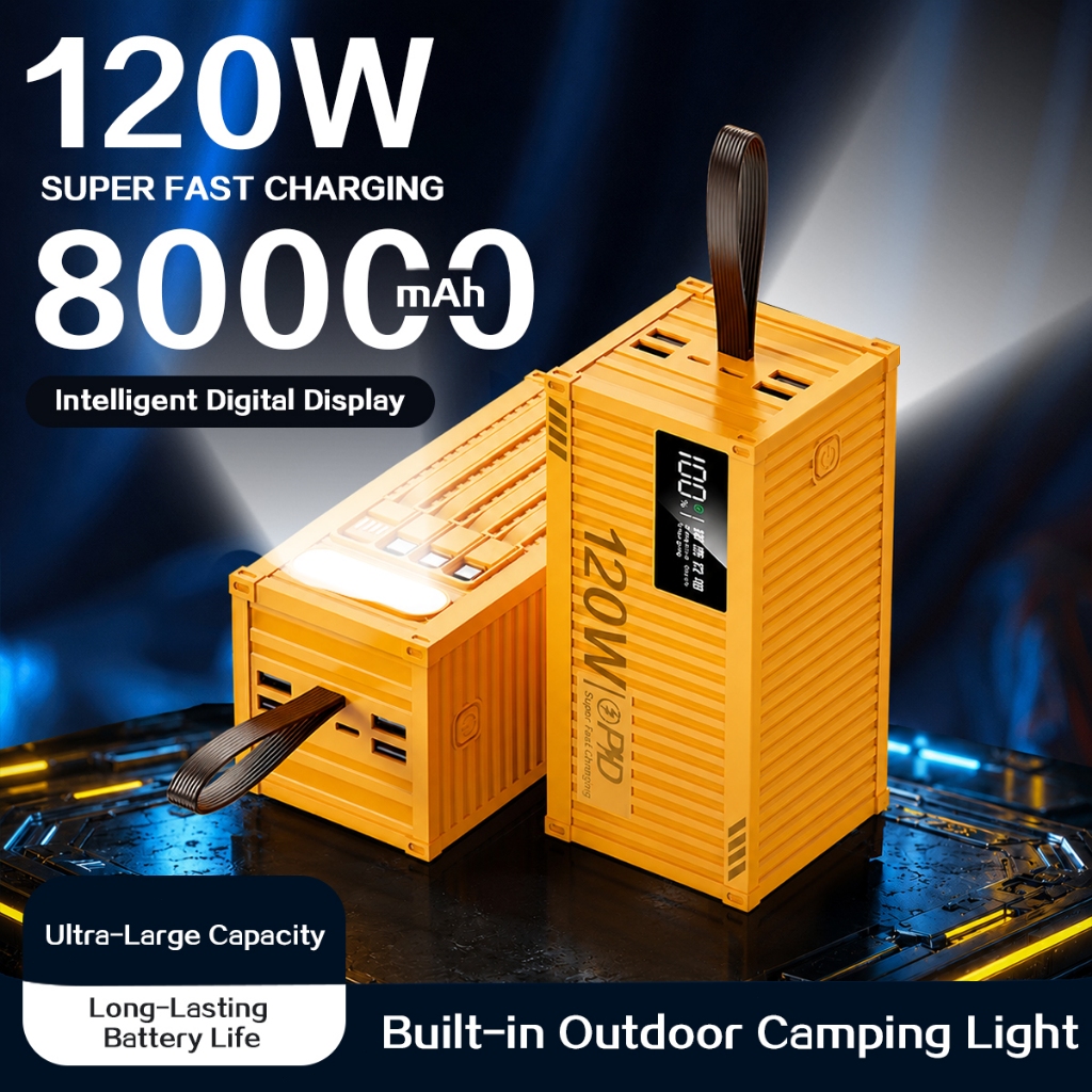 80000mah PowerBank Ao Ar Livre 120W Turbo Rápido Alta Capacidade e Lanterna Embutida para Diversos Aparelhos
