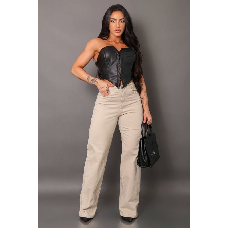 Calça Wide Leg Jeans Bege, Wide Leg Cintura Alta Com Elastano Creme, Calça Wide Leg Pantalona Premium.