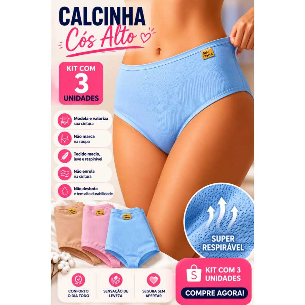 Kit 3 Calcinha Feminina Cós Alto Lingeries Plus Size Super Confortável Algodão Premium
