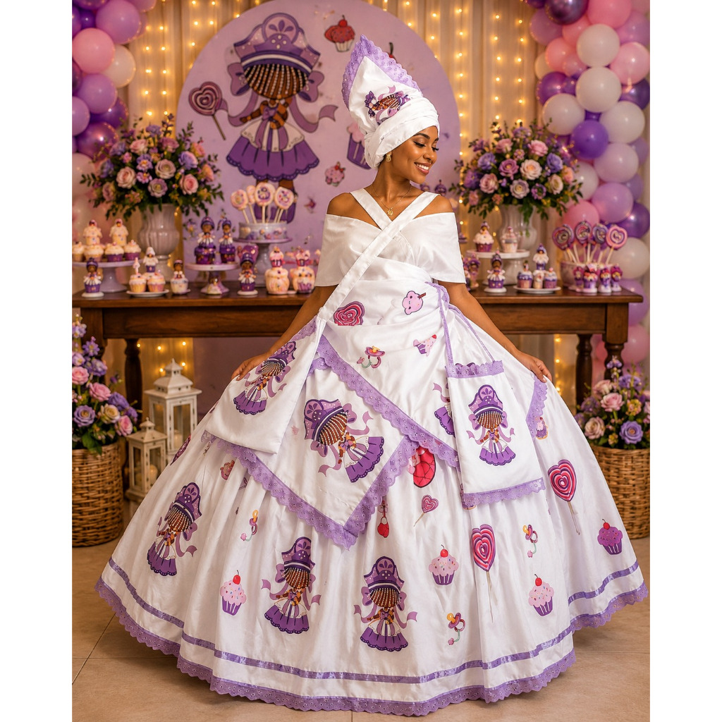 ERÊ LILÁS NANÃ, ROUPA IBEJI PARA UMBANDA E MODA RELIGIOSA AFRO - SAIA COM 5 MTS DE RODA, PANO DA COSTA, CABEÇA E BOLSA