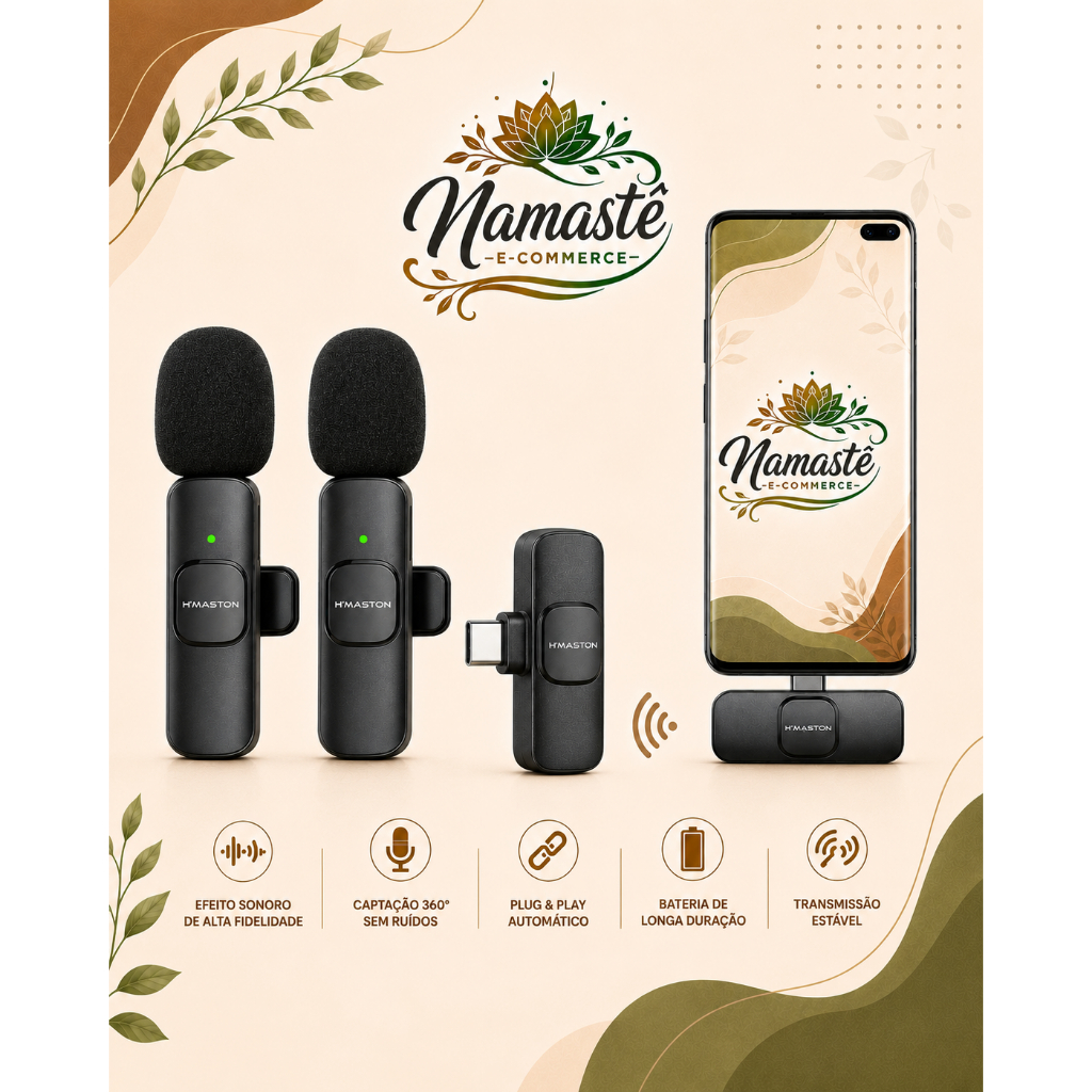 Microfone de Lapela Sem Fio Plug and Play H'Maston MK10 - Alta Fidelidade e Redução de Ruídos