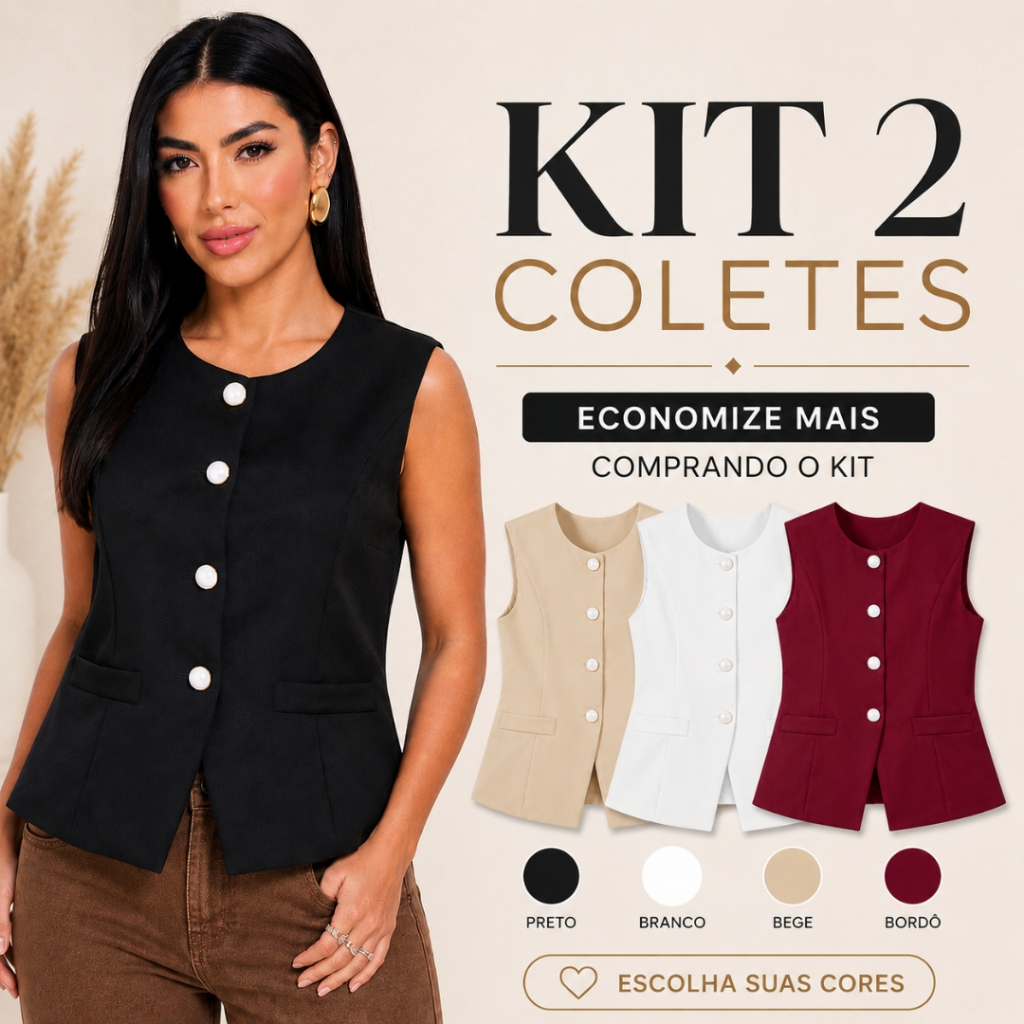 Colete Feminino Alfaiataria Elegante Botões Frontais Social Casual Kit 2