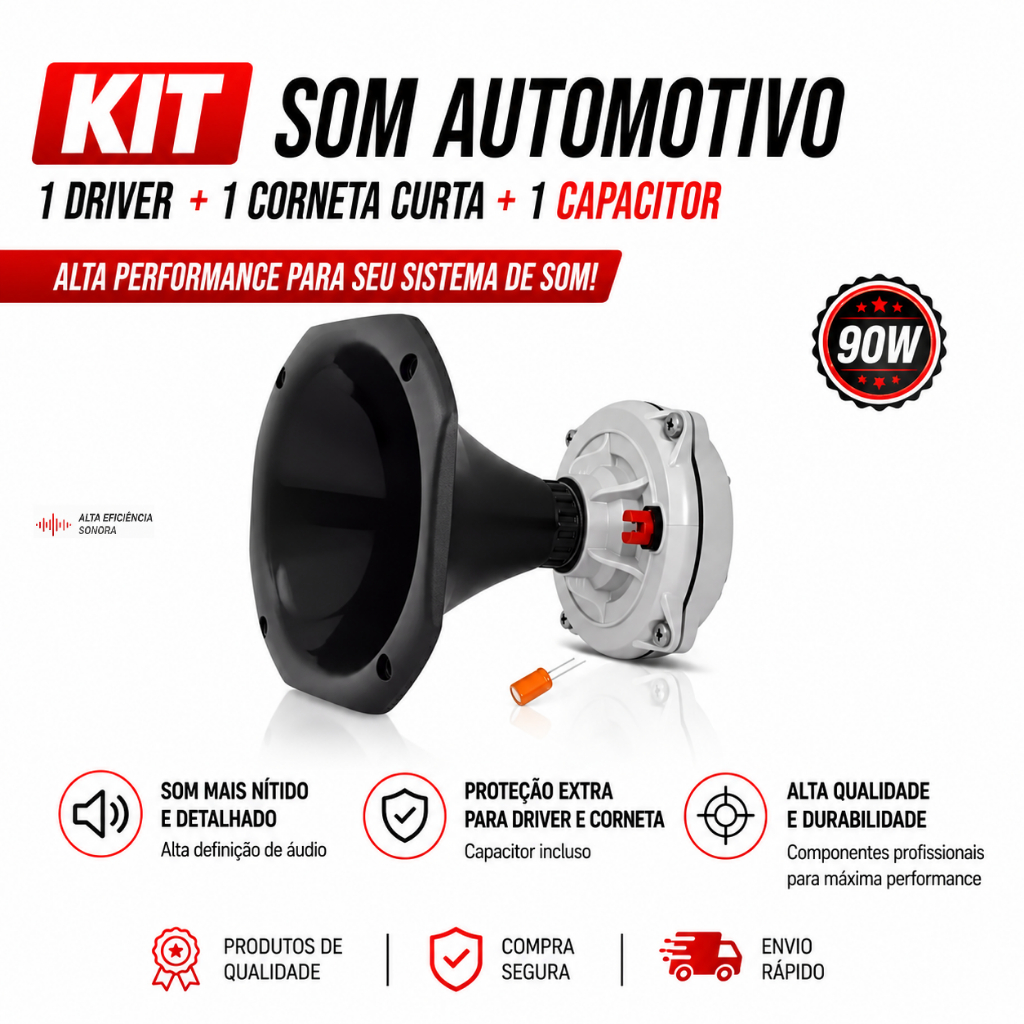 Kit Som Automotivo Com 1 Driver D250X Musicall 200W 1 Corneta Curta e 1 Capacitor