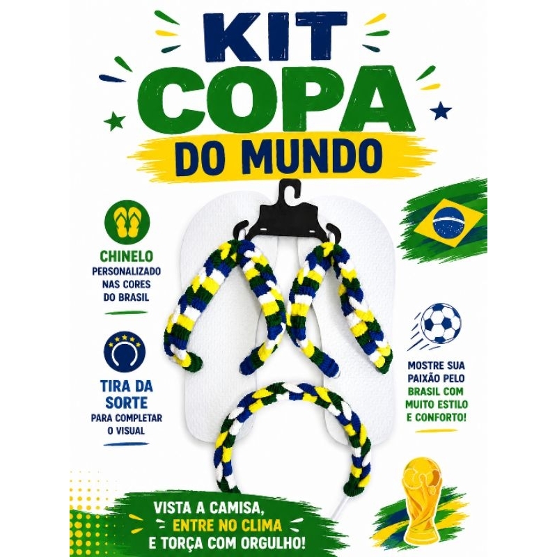 ACESSÓRIOS COPA DO MUNDO BRASIL C/ CHINELO FEMININO BRANCO COPA + DIADEMA CABELO TIARA DA SORTE COPA