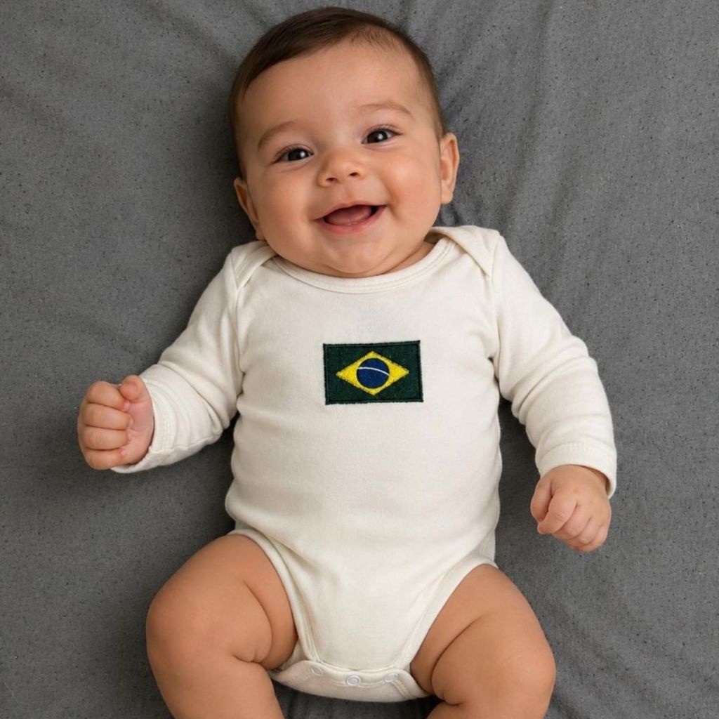 Body Bebê Bandeira Brasil Bordado Algodão Menino Menina Body Seleção Brasileira