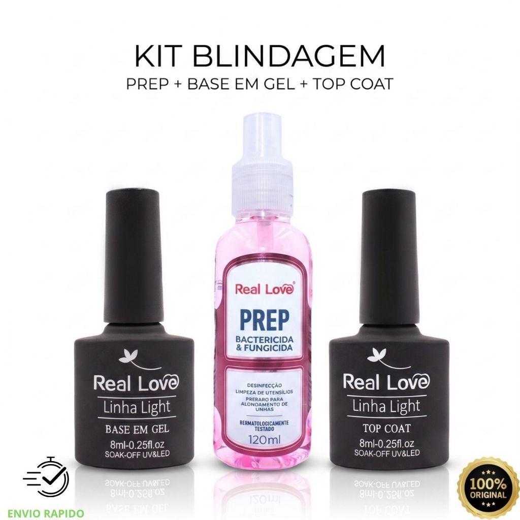 Kit Blindagem Base em Gem + Top Coat + Prep Real Love