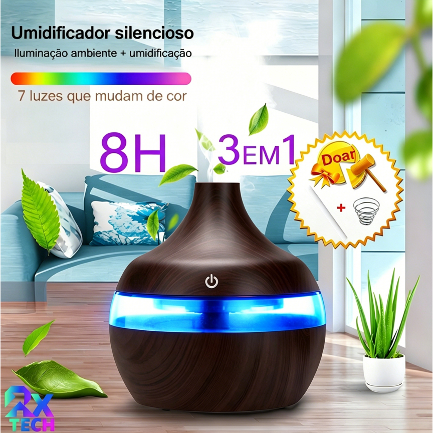 Umidificador De Ambiente Portatil De Ar E Difusor Aromatizador Com 8H LED 7 Cores USB
