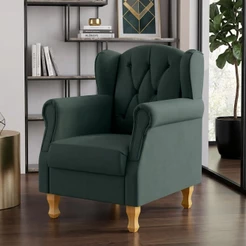 Poltrona Decorativa Para Sala de Estar Yara P02 Linho Verde Musgo - Lyam Decor