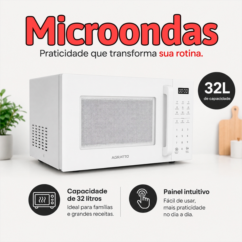 Microondas 110v 32L Microondas Painel Digital Microondas Branco Micro-ondas Moderno Agratto