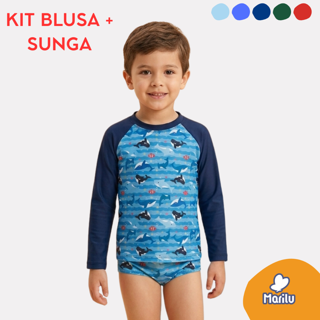 Conjunto de banho praia infantil masculino menino proteção uv camisa e sunga piscina natação solar estampado