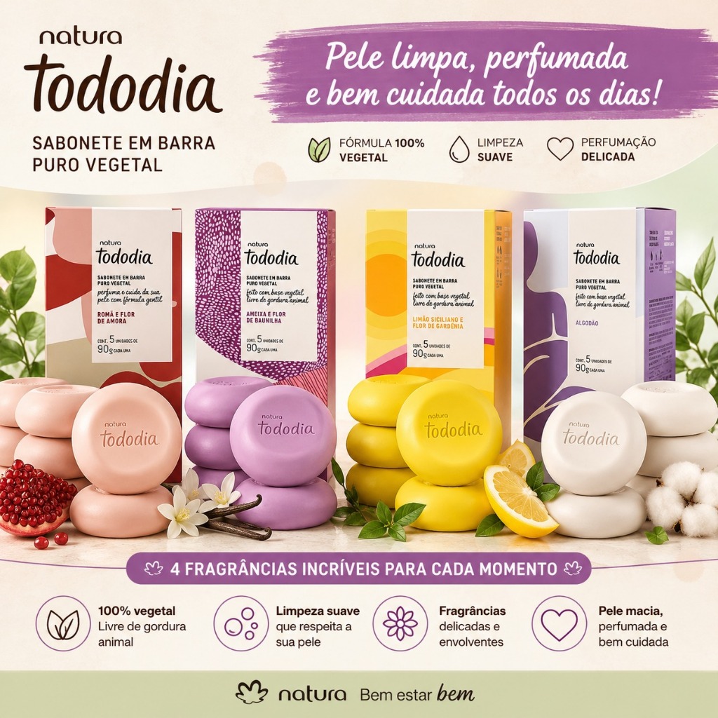 Kit 4 Caixas de Sabonete Natura Todo Dia Sortidos 5 UN de 90 G Cada | 20 BARRAS | FRAGRÂNCIAS SORTIDAS