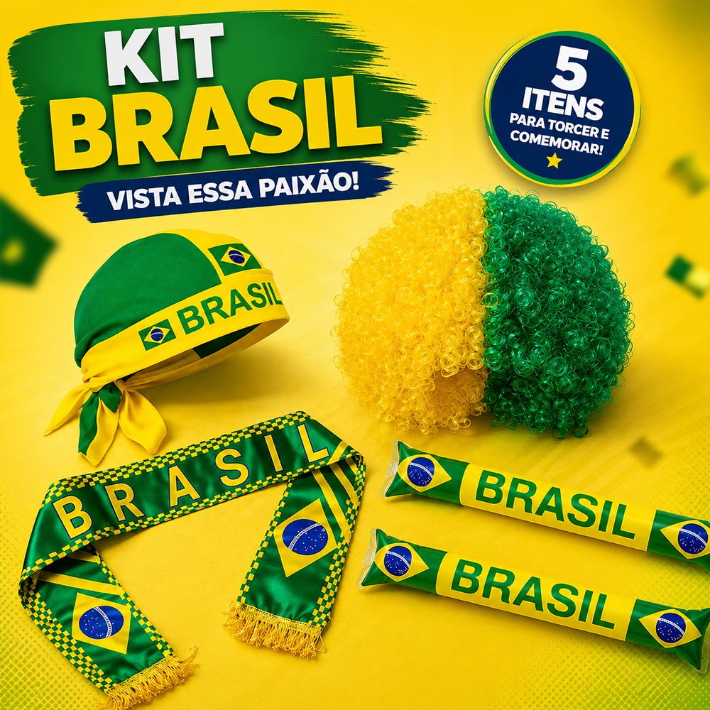 KIT Preparação para a Copa Do Mundo - Bandana, Peruca, Cachecol e Bastões para Torcedor - Torcida do Brasil - Unissex