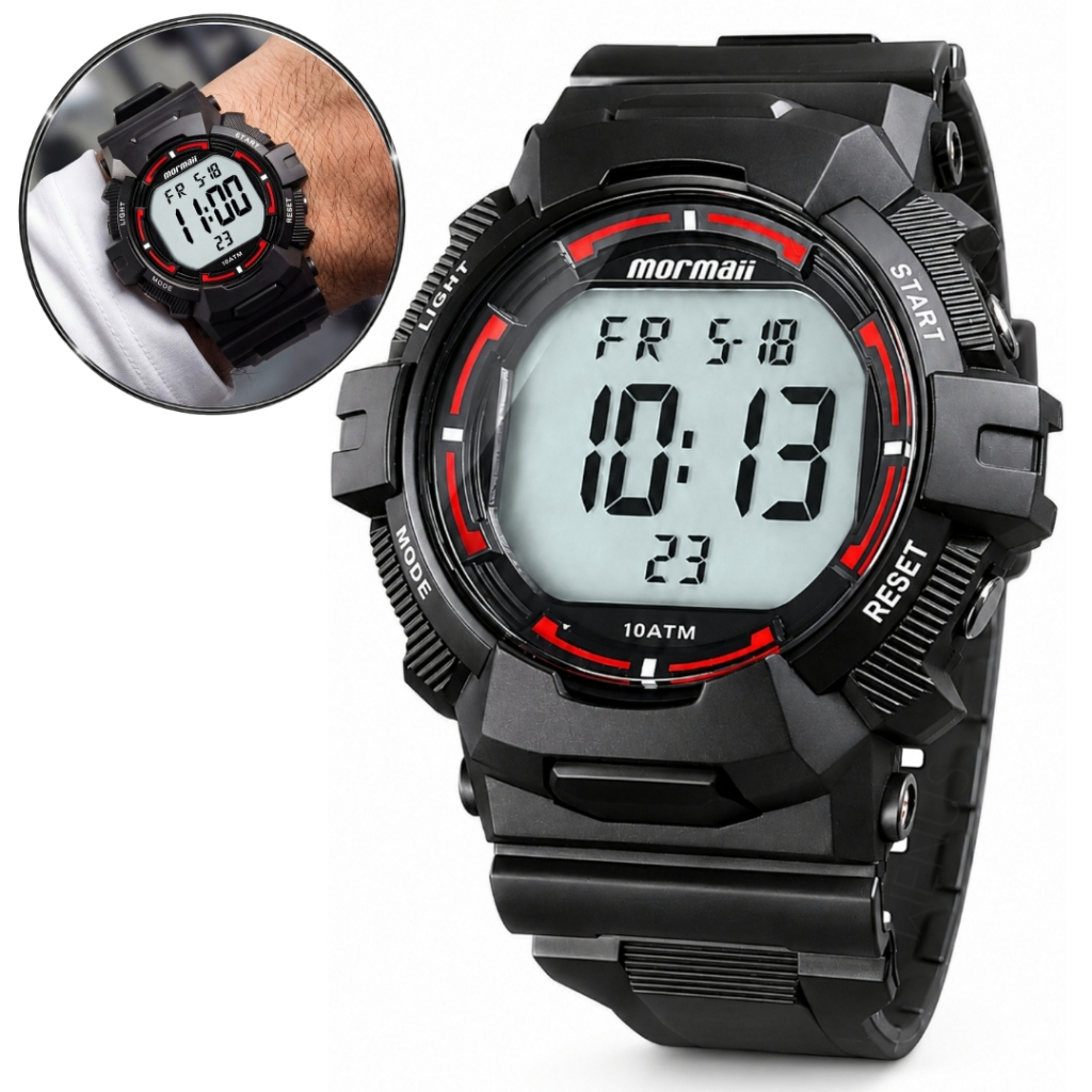 Relógio Mormaii Masculino Digital A Prova D'água 10 ATM Pulseira Silicone Visor Noturno Original