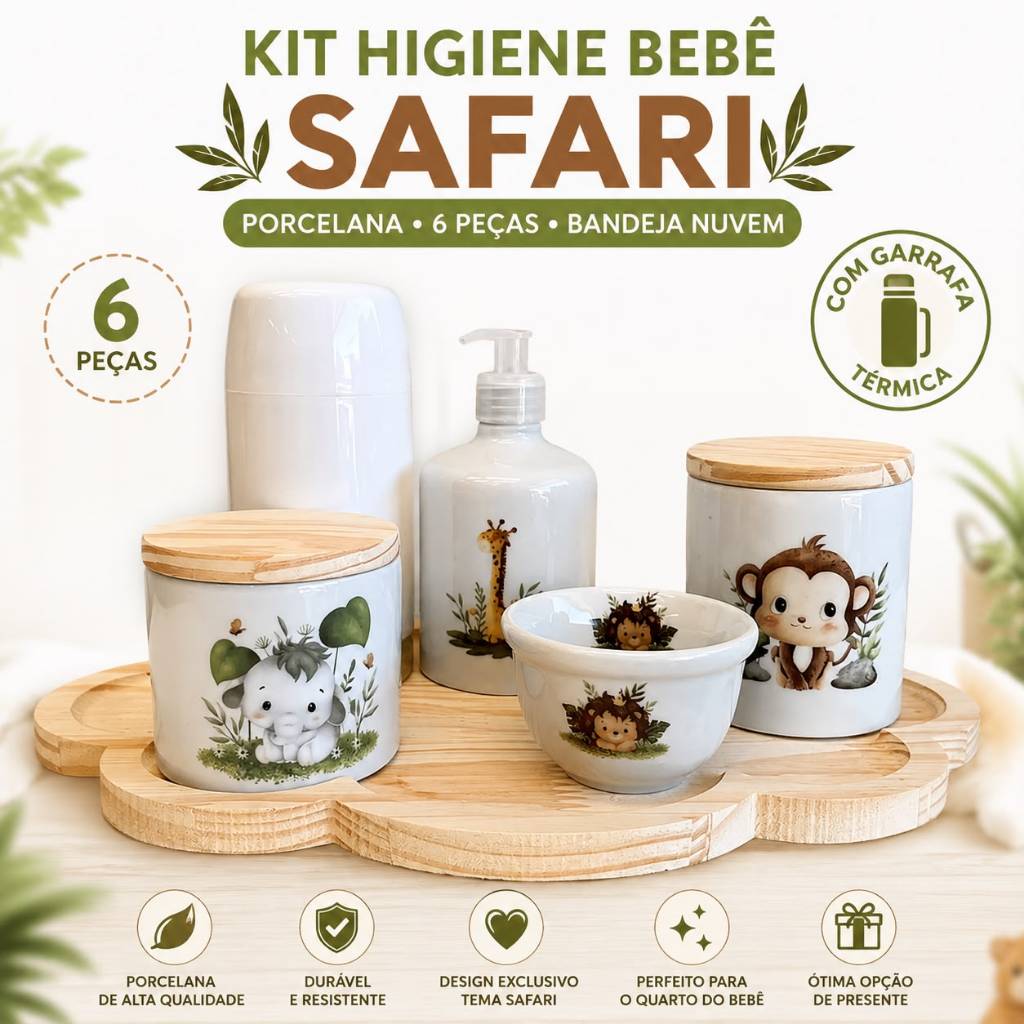 Kit Higiene Bebê Safari Porcelana com Garrafa Tpermica 6 Peças