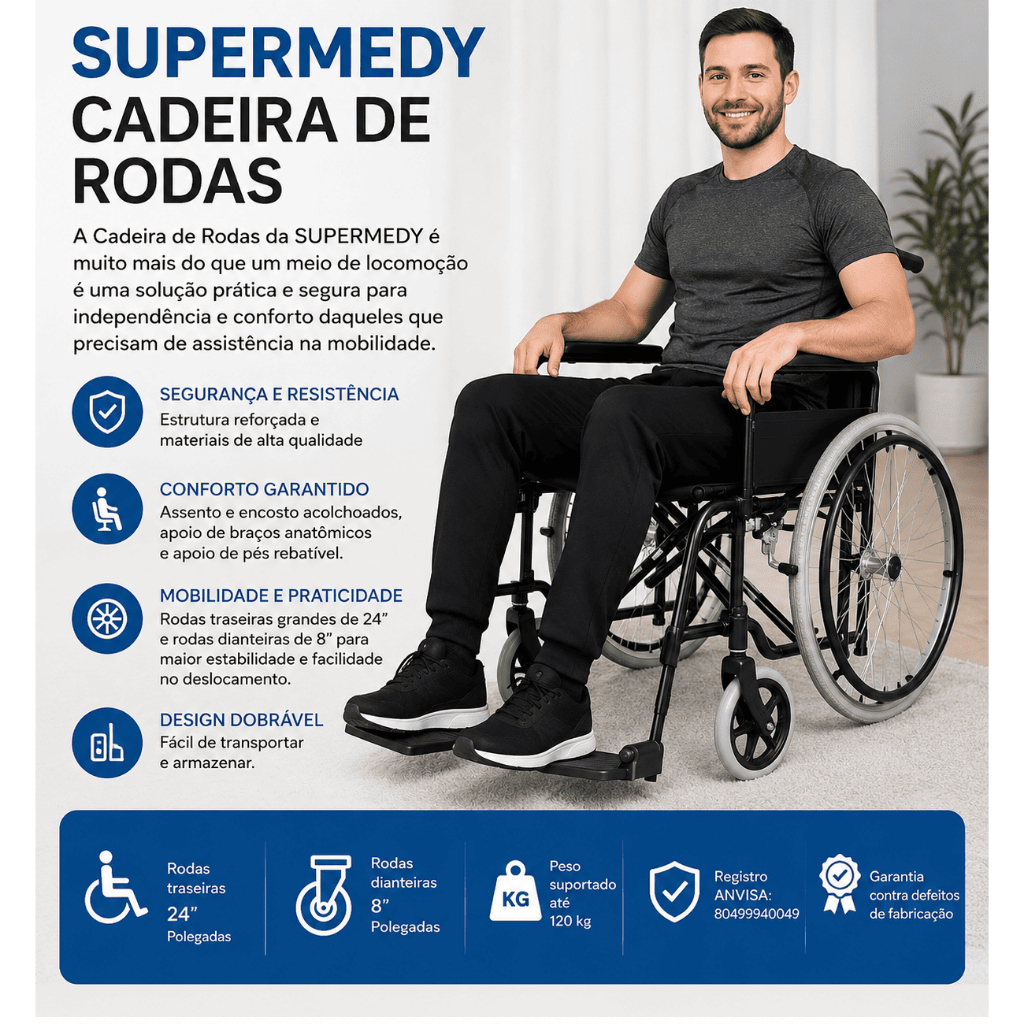 Cadeira De Rodas Dobrável 50cm Idoso Adulto 100kg Supermedy