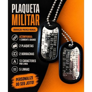 Kit Dog Tag - 2 Plaquetas Inox + 2 Correntes Inox + 2 silenciadores + Gravação