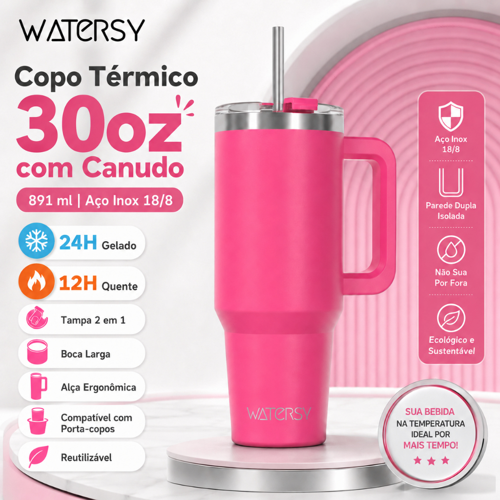 Watersy Copo Térmico 891ml/30oz Inox 304 Parede Dupla com Tampa e Canudo - Quente/Frio para Café