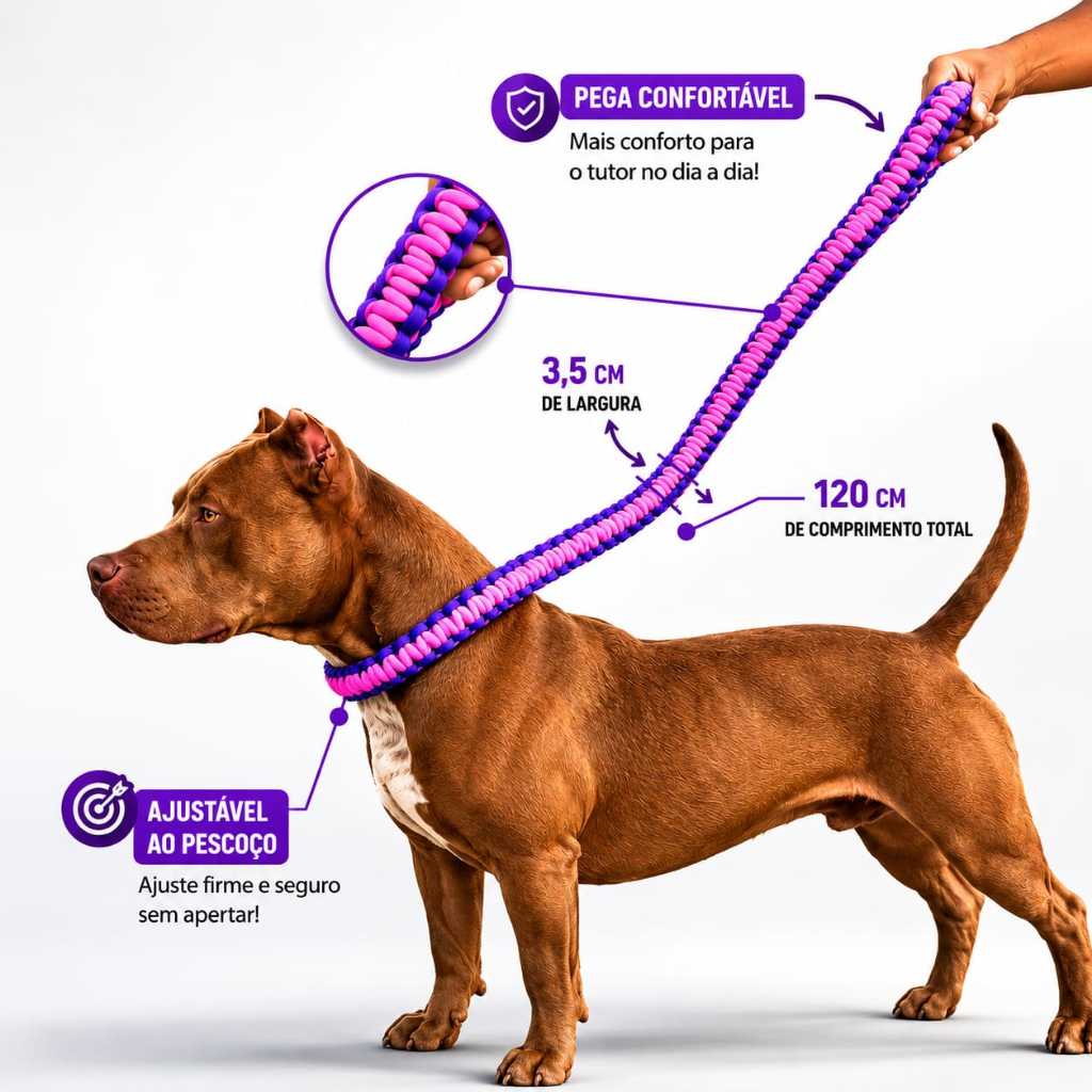 Guia com Coleira Unificada Grande Porte Resistente Pitbull Rottweiler Cane Corso