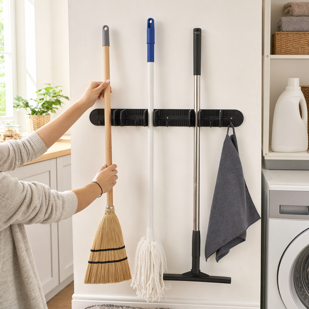 Suporte Organizador De Parede Para Vassouras Rodo Ganchos Resistente Porta Vassouras Mop Lavanderia Área Serviço