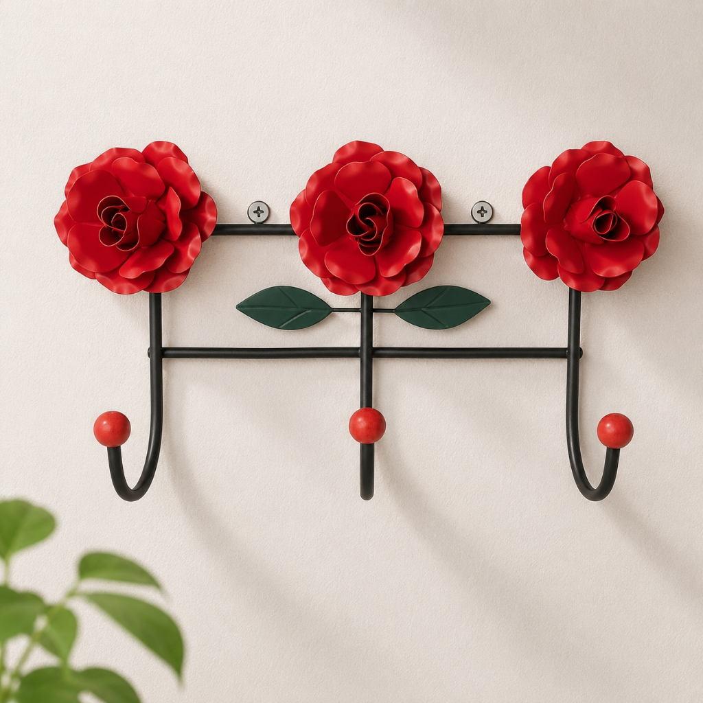 Cabideiro de Parede 3 Flores Vermelho - Cabide 3 Ganchos Artesanal | Metal | Decoração e Organização