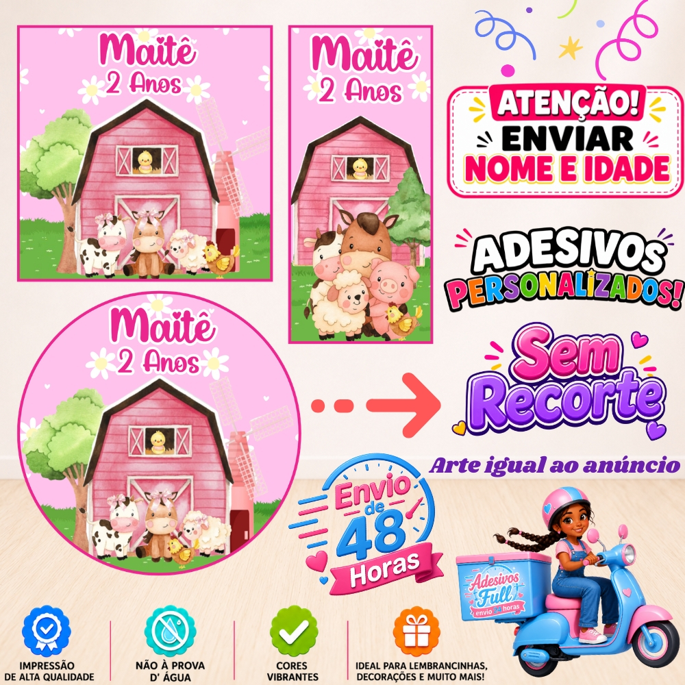 Fazendinha Rosa - 100/60/40 Adesivos Personalizados Lembrancinhas Festa Aniversário