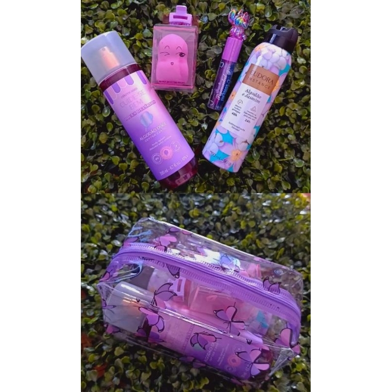 kit presente com nécessaire e 5 itens  Body Splash+ antitranspirante+ gloss +esponja de maquiagem+presilha para cabelo