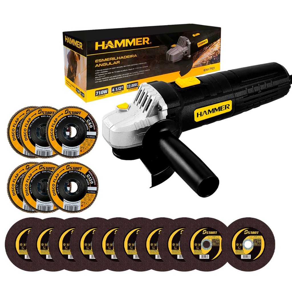 Esmerilhadeira Lixadeira Angular 4.1/2 Pol 115Mm Hammer Com Kit Discos Corte Flaps G60 G120