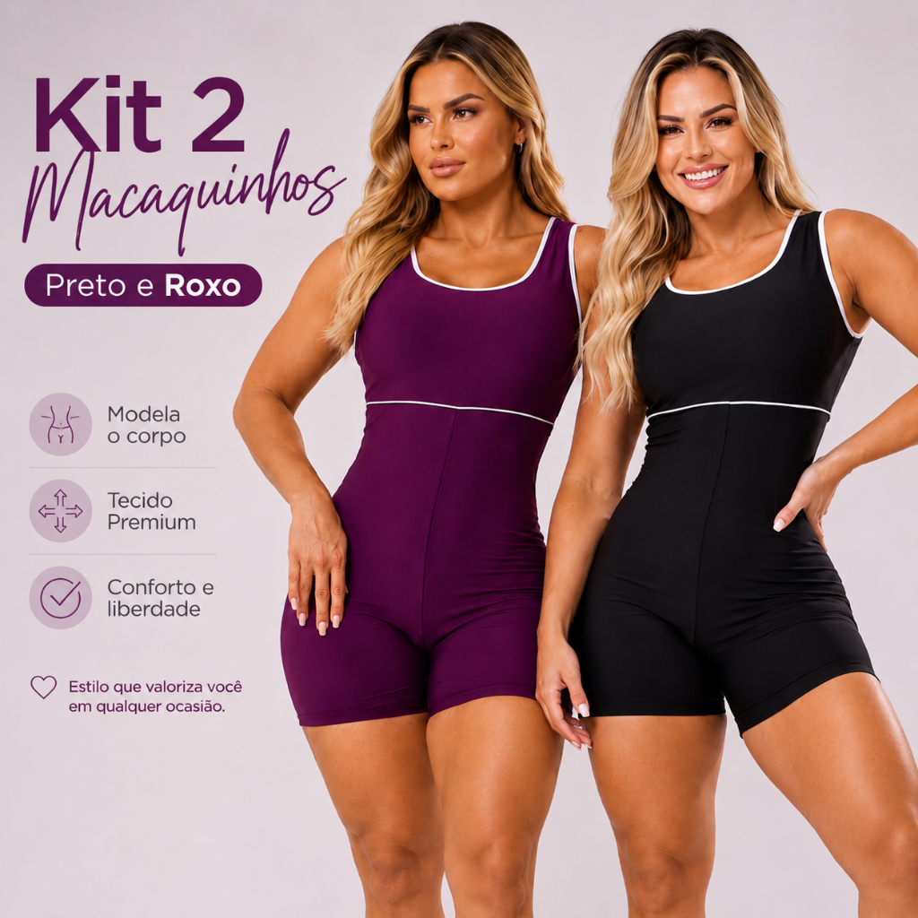 kit 2 Macaquinho Curto Short sem mangas Fitness roupa de academia Feminino para treino e Laser