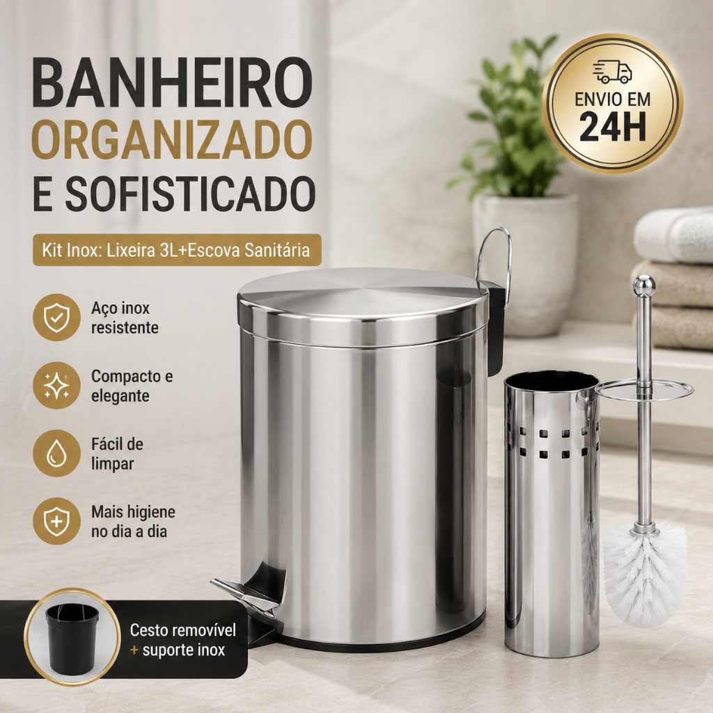 Lixeira Inox Banheiro Redonda Com Pedal Kit Multiuso 3 Litros E Escova Sanitária Inox Com Suporte