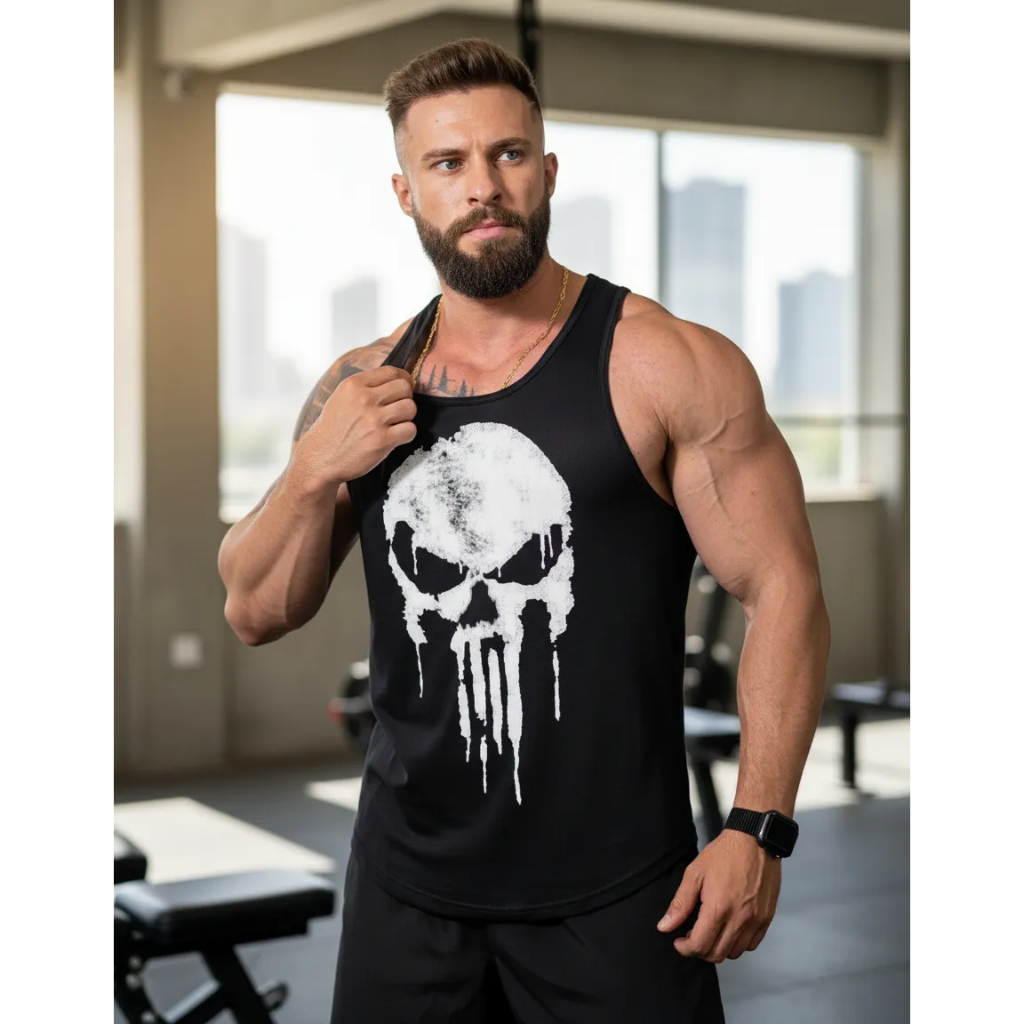 Regata Masculina LongLine Caveira Justiceiro Cavada Academia Musculação treino luta esporte maromba suplemento p m g gg