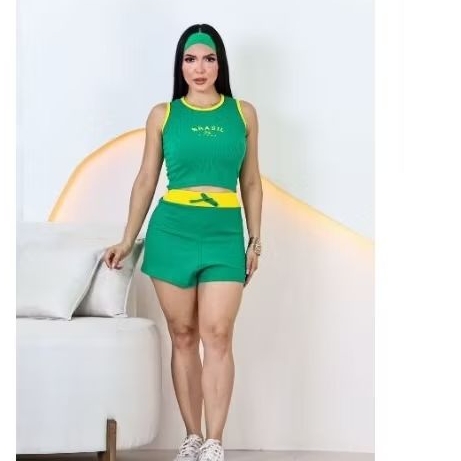 Conjunto Feminino Brasil Canelado Ribana Cropped E Shorts Saia Blogueira Tendência Copa Copa Do Mundo