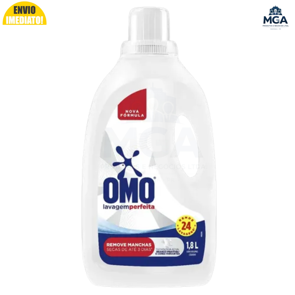 OMO Lavagem Perfeita Líquido 1,8L Original Remove Manchas Protege Cores e Brancos Rende 24 Lavagens