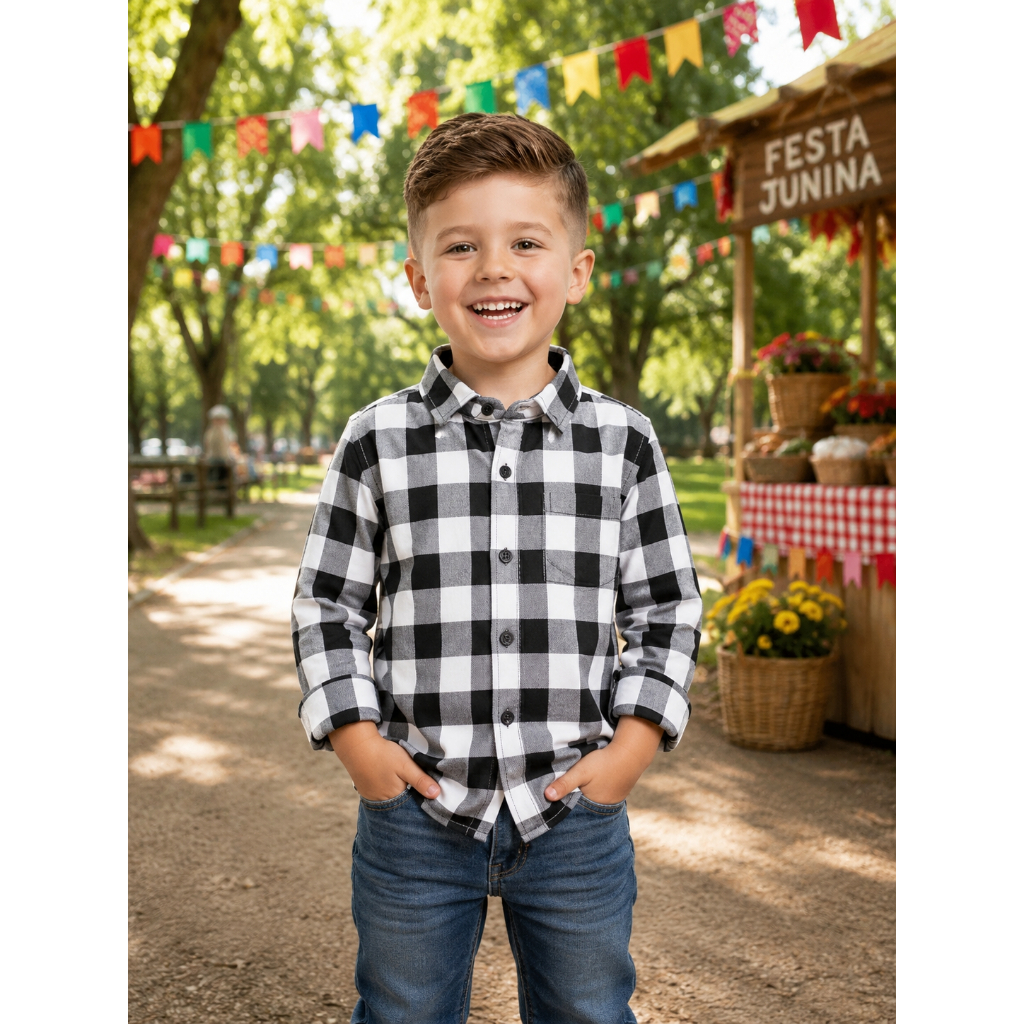Camisa XADREZ Flanelada Infantil e JUVENIL Manga Longa De Botão Com Gola