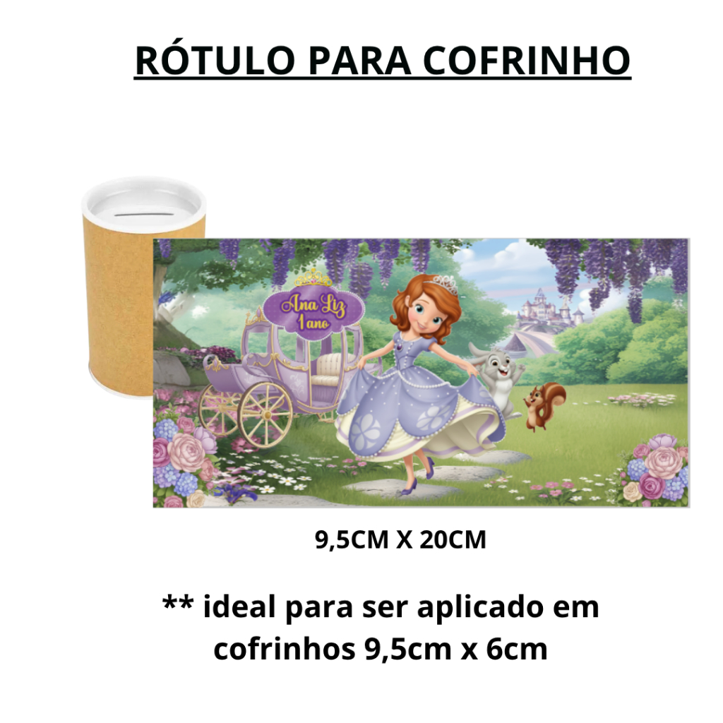 RÓTULO PERSONALIZADO  PARA COFRINHO  6 X 9,5, TEMA PRINCESA SOFIA , LEMBRANCINHA FESTA INFANTIL