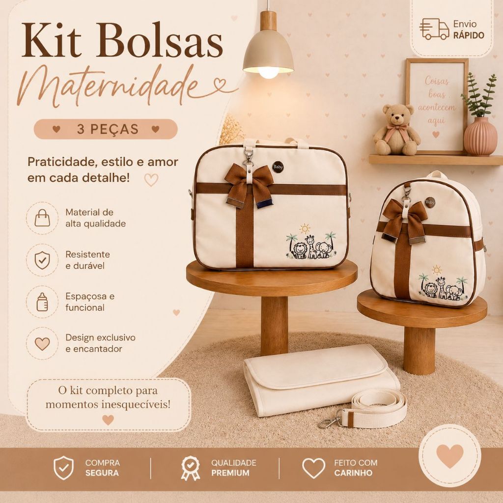 Kit Maternidade 3 Peças Impermeável Completo com Trocador Portátil Bolsa Bebê Safari