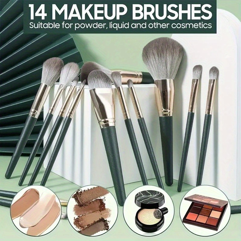Pincel De Maquiagem Verde 14 Unidades/Conjunto Cerdas Macias Profissionais Kit Completo Para Rosto E Olhos