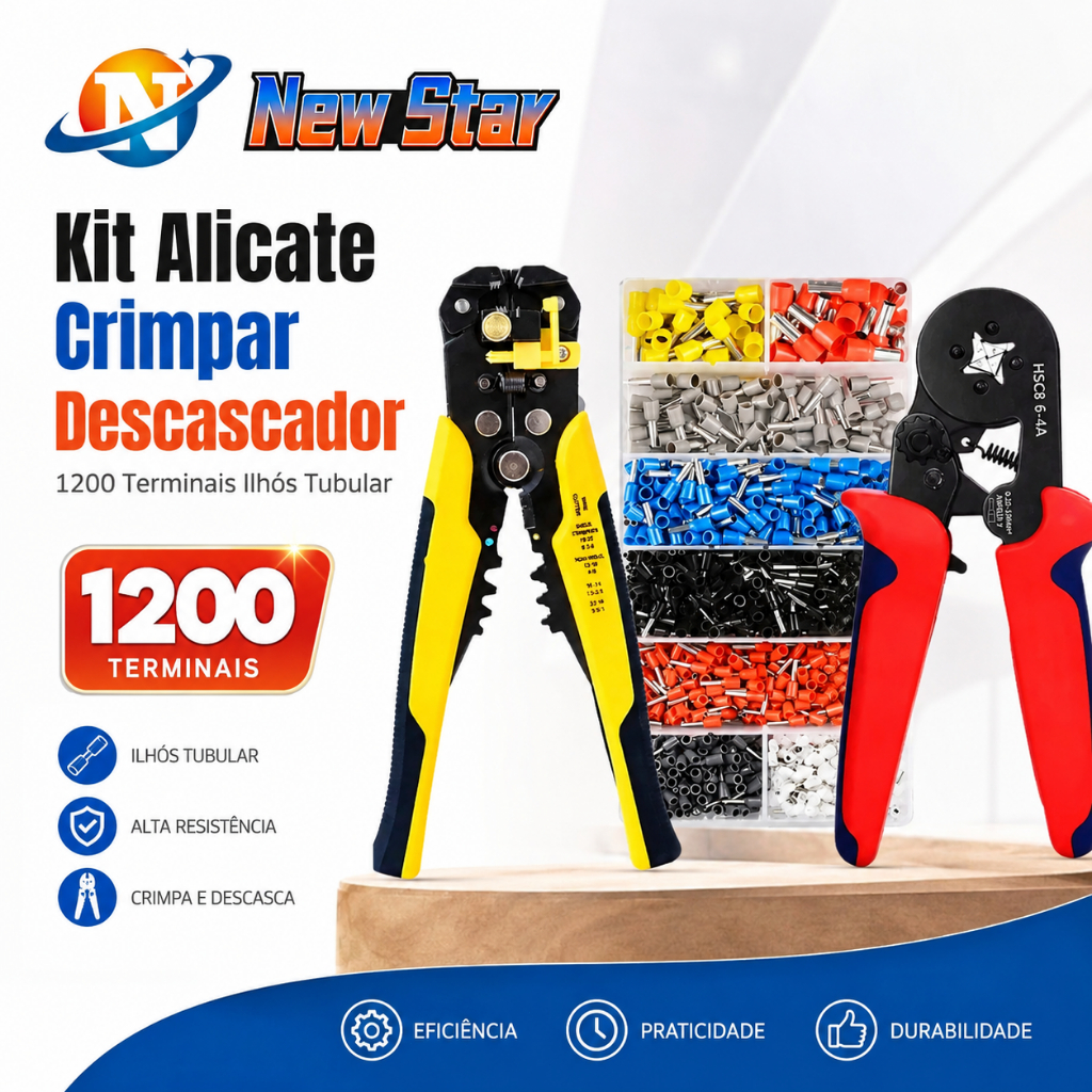 New Star Kit Alicate Crimpar Descascador 1200 Terminais Ilhós Tubular