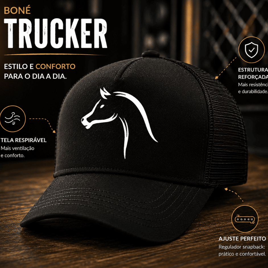 Boné Trucker Aba Curva Telinha Raça Cavalo Árabe Animal Barato Moda Verão Country
