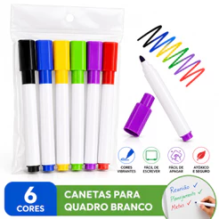Kit 6 Cores Caneta para Quadro Branco Apagável Escrita Suave Papelaria Escolar