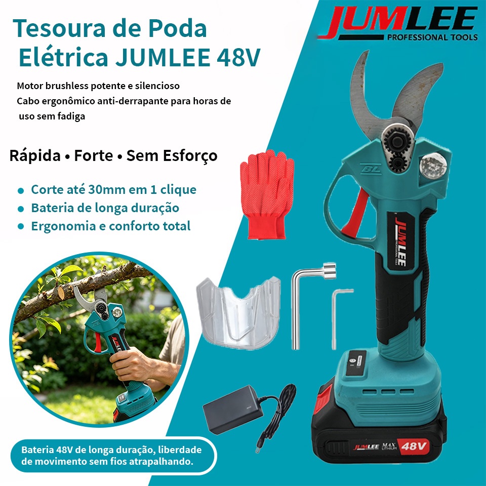 Tesoura de Poda Elétrica 48V Sem Fio Motor Brushless Bateria Lítio Profissional 30mm + Luvas