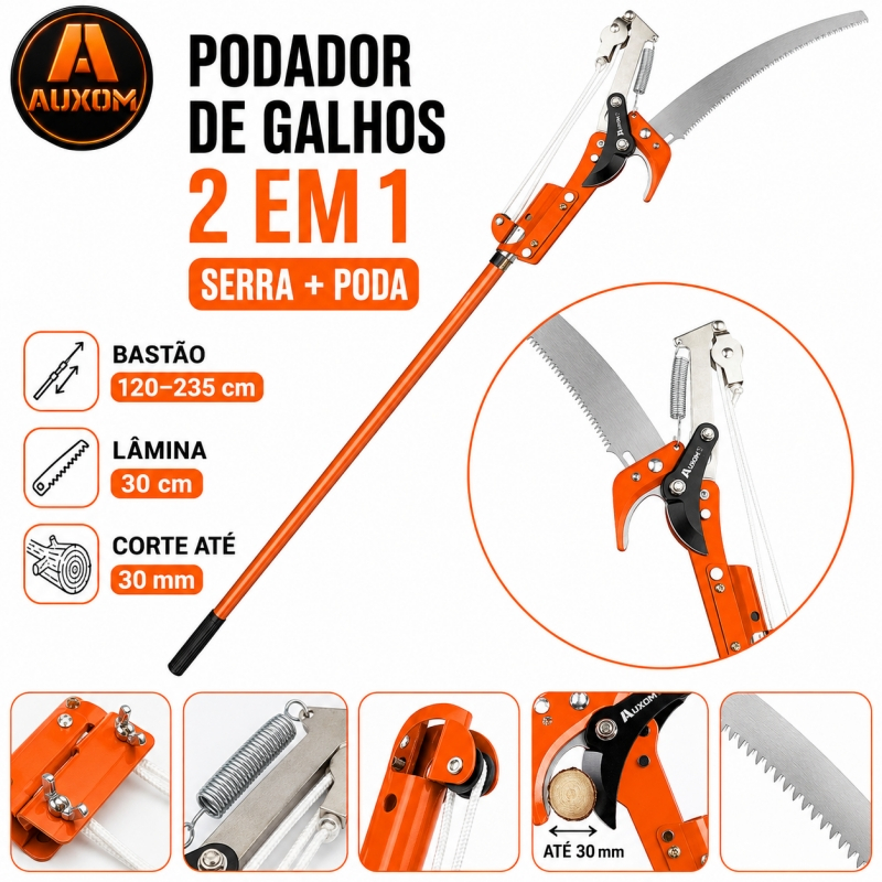 AUXOM Podador de Galhos Altos 2 em 1 com Serrote Cabeça Podadora Extensível Bastão Telescópico 120-235cm