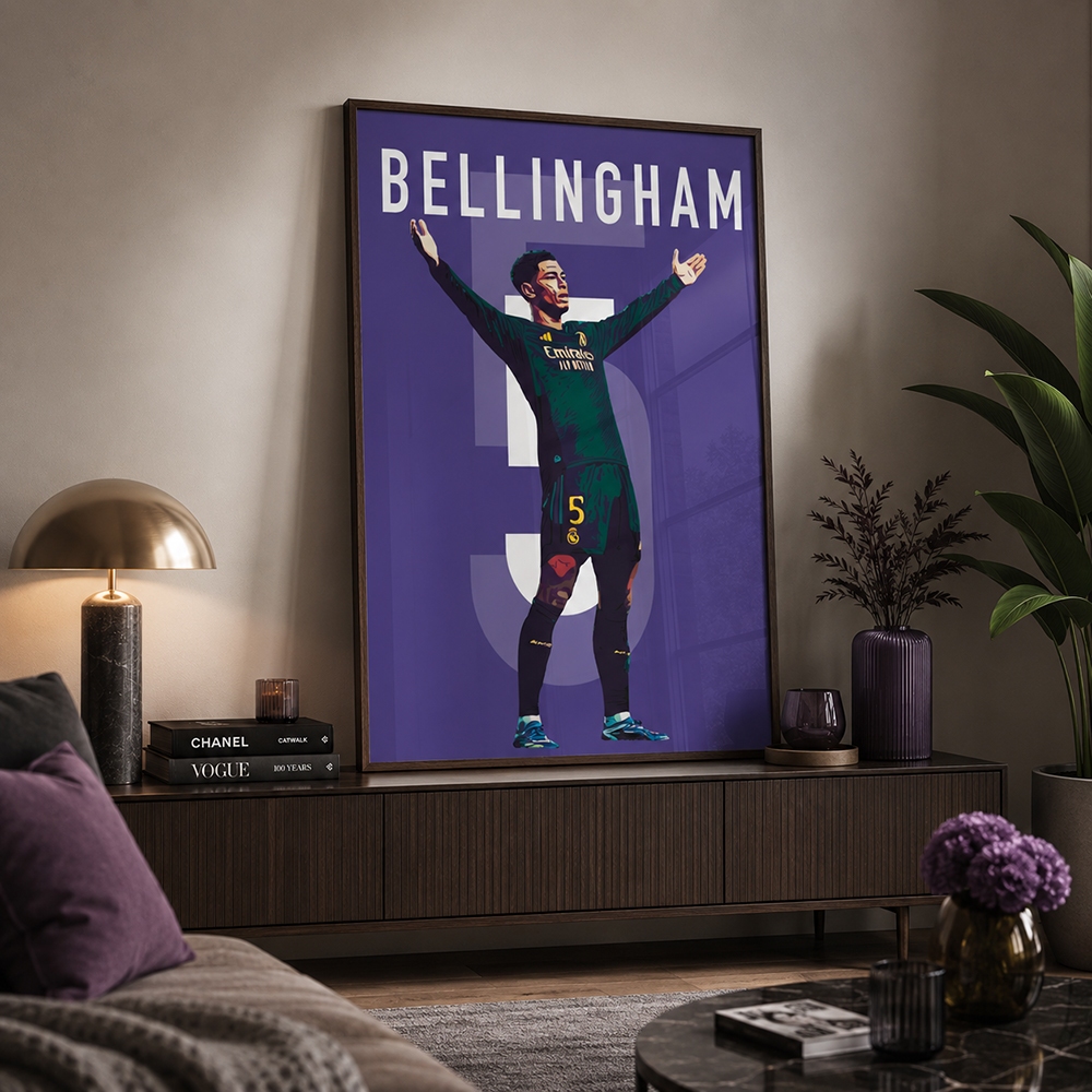 Quadro Decorativo Poster Futebol Jogador Jude Bellingham Camisa 5 Real Madrid Com ou Sem Vidro 120X80cm